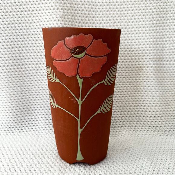 Kate Lilly Ceramics Terracotta Poppy Flower Floral Oval Slim Vase 10" Signed - Picture 6 of 6